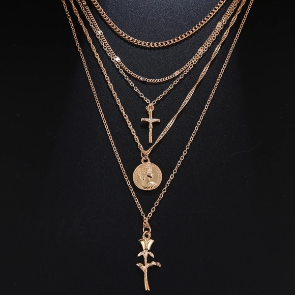 NEW Dainty multi-layer rose & cross charm necklace - Picture 3 of 5